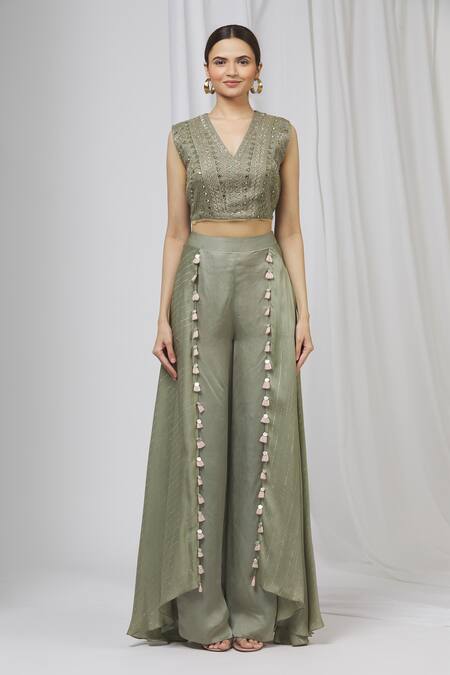 Buy_Shruti Ranka_Green Organza, Satin Organza, Lurex V Neck Pant Set_Online_at_Aza_Fashions