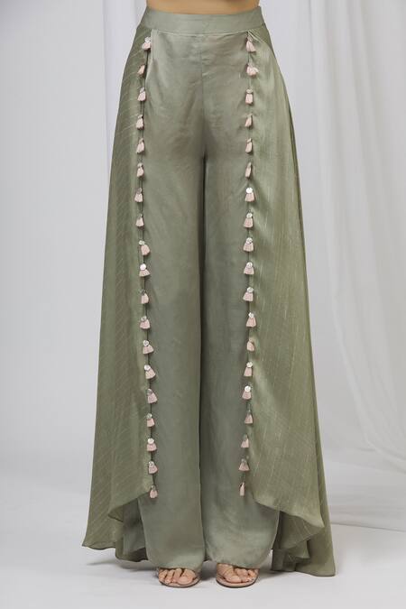 Shop_Shruti Ranka_Green Organza, Satin Organza, Lurex V Neck Pant Set_Online_at_Aza_Fashions