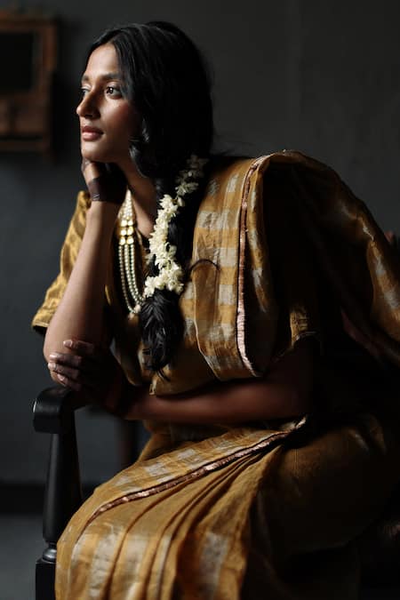 Shop_Shorshe Clothing_Gold Handloom Tissue Saree _at_Aza_Fashions