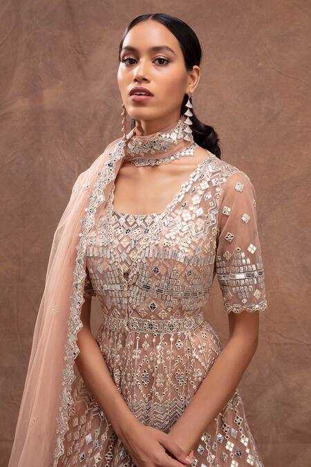 Aneesh Agarwaal_Gold Net V Neck Foil Applique Embroidered Jacket Lehenga Set _Online_at_Aza_Fashions