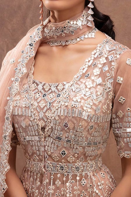 Buy_Aneesh Agarwaal_Gold Net V Neck Foil Applique Embroidered Jacket Lehenga Set _Online_at_Aza_Fashions