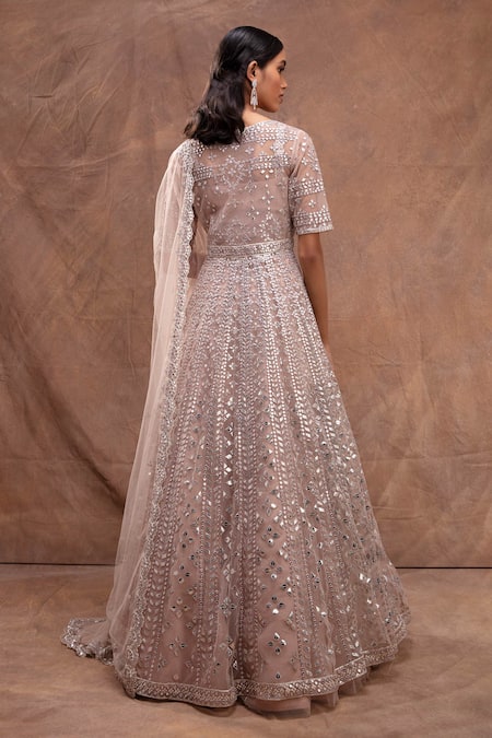Shop Aneesh Agarwaal Brown Net V Neck Foil Applique Embroidered Jacket Lehenga Set at Aza Fashions Shop_Aneesh Agarwaal_Brown Net V Neck Foil Applique Embroidered Jacket Lehenga Set _at_Aza_Fashions