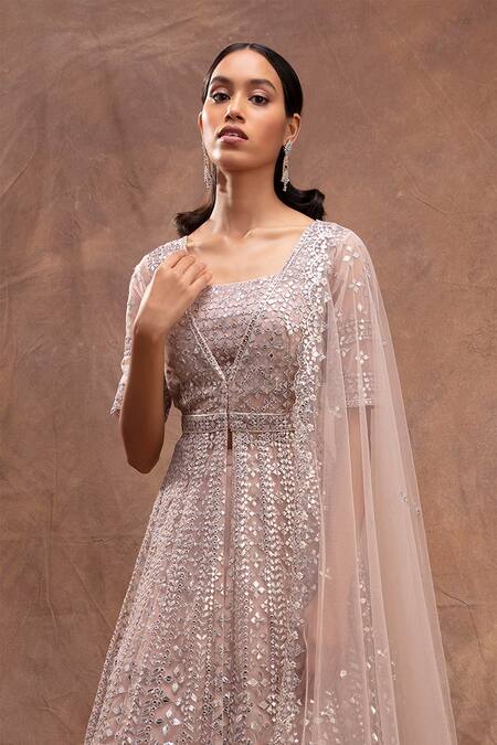 Aneesh Agarwaal Brown Net V Neck Foil Applique Embroidered Jacket Lehenga Set Online at Aza Fashions Aneesh Agarwaal_Brown Net V Neck Foil Applique Embroidered Jacket Lehenga Set _Online_at_Aza_Fashions