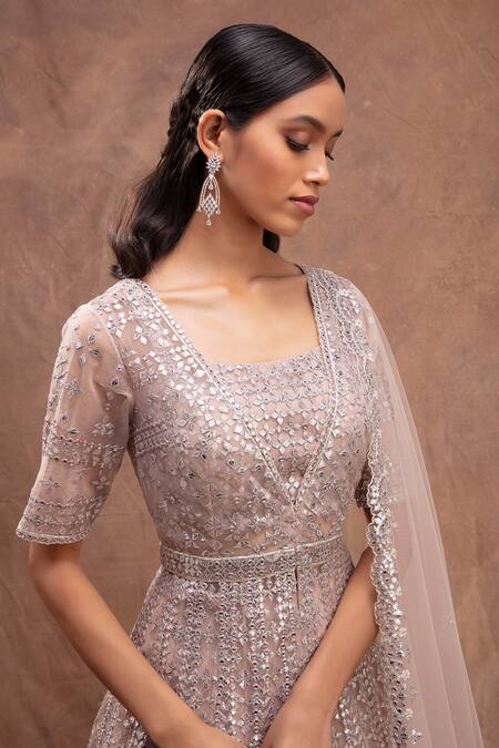 Buy Aneesh Agarwaal Brown Net V Neck Foil Applique Embroidered Jacket Lehenga Set Online at Aza Fashions Buy_Aneesh Agarwaal_Brown Net V Neck Foil Applique Embroidered Jacket Lehenga Set _Online_at_Aza_Fashions