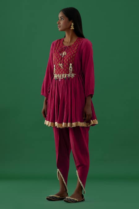 Shop_5elements_Red 100% Cotton With Silk Brocade Yoke Crushed Anarkali And Dhoti Pant Set _Online_at_Aza_Fashions
