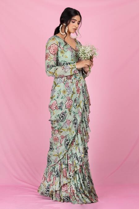 Buy_SutrabySweta_Green Chiffon Printed Floral V Neck Ruffle Saree Set _Online_at_Aza_Fashions