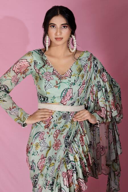 Shop_SutrabySweta_Green Chiffon Printed Floral V Neck Ruffle Saree Set _Online_at_Aza_Fashions