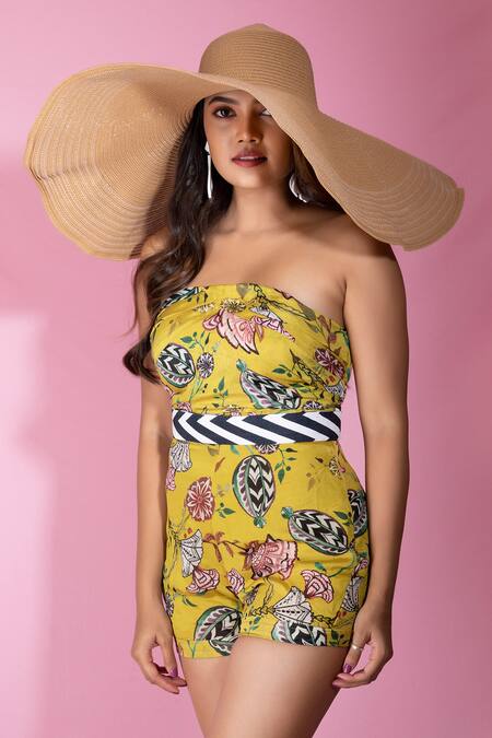 Sutrabysweta_Yellow Chiffon Floral , Striped Straight Across Playsuit With Belt _Online_at_Aza_Fashions