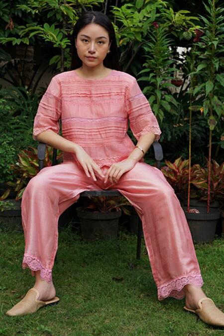 Shop_Baju_Pink Chanderi Silk (60% X 40% Foil Hand Printed Pant For Women_Online_at_Aza_Fashions