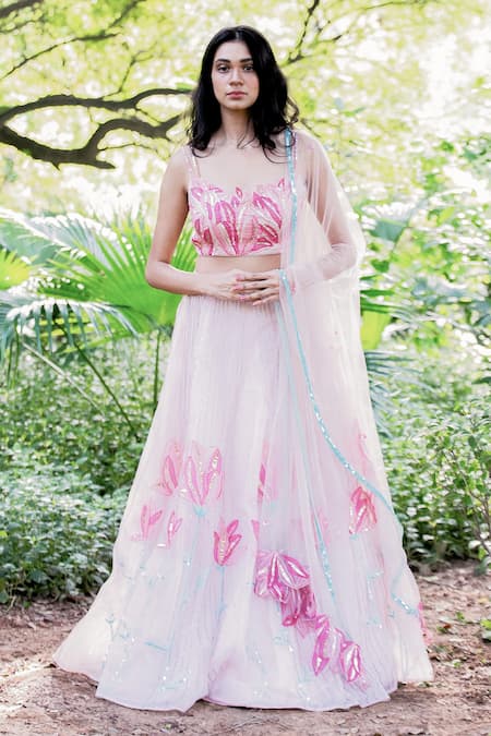 Salt And Spring Pink Organza Floral Motifs Scoop Neck Sequins Embroidered Lehenga Set 