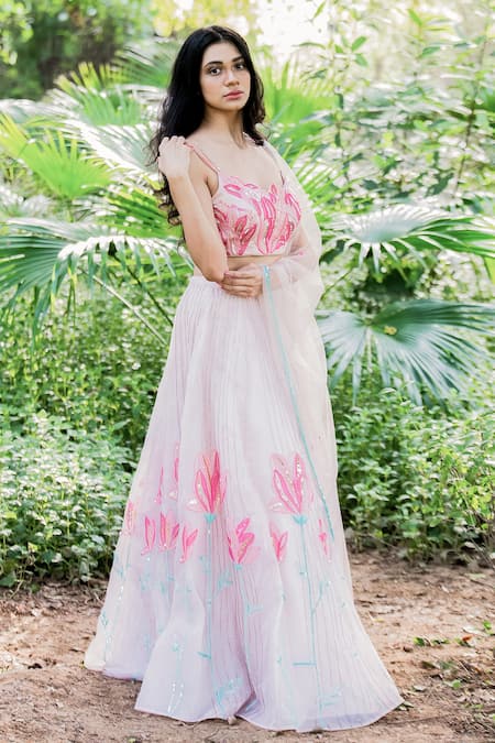 Salt And Spring Pink Organza Floral Motifs Scoop Neck Sequins Embroidered Lehenga Set Online at Aza Fashions Salt And Spring_Pink Organza Floral Motifs Scoop Neck Sequins Embroidered Lehenga Set _Online_at_Aza_Fashions