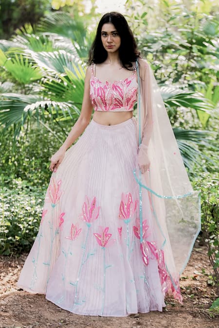 Buy Salt And Spring Pink Organza Floral Motifs Scoop Neck Sequins Embroidered Lehenga Set Online at Aza Fashions Buy_Salt And Spring_Pink Organza Floral Motifs Scoop Neck Sequins Embroidered Lehenga Set _Online_at_Aza_Fashions