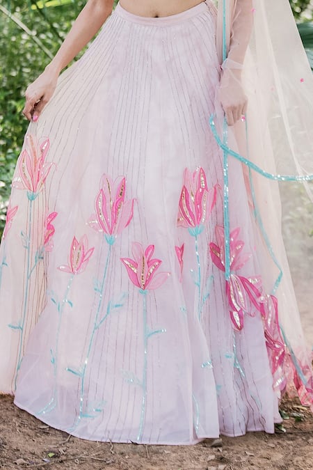 Shop Salt And Spring Pink Organza Floral Motifs Scoop Neck Sequins Embroidered Lehenga Set Online at Aza Fashions Shop_Salt And Spring_Pink Organza Floral Motifs Scoop Neck Sequins Embroidered Lehenga Set _Online_at_Aza_Fashions
