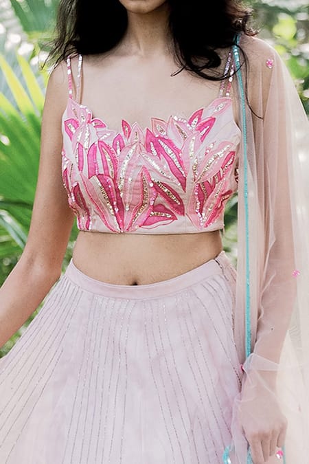 Salt And Spring Pink Organza Floral Motifs Scoop Neck Sequins Embroidered Lehenga Set at Aza Fashions Salt And Spring_Pink Organza Floral Motifs Scoop Neck Sequins Embroidered Lehenga Set _at_Aza_Fashions