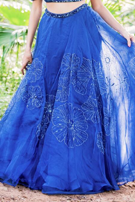 Shop_Salt And Spring_Blue Organza Sequins Sweetheart Neck Floral Embroidered Skirt And Blouse Set _Online_at_Aza_Fashions