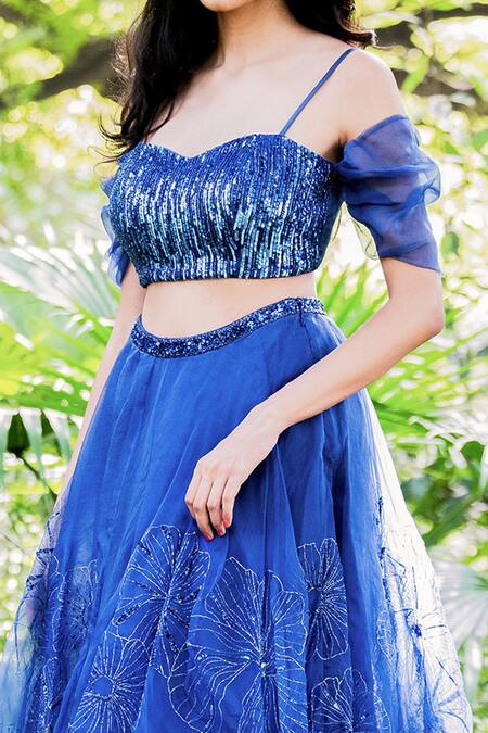 Salt And Spring_Blue Organza Sequins Sweetheart Neck Floral Embroidered Skirt And Blouse Set _at_Aza_Fashions