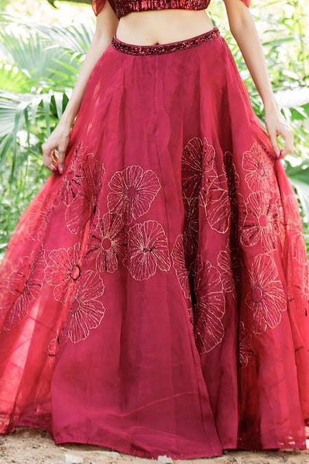 Shop_Salt And Spring_Red Organza Sequins Sweetheart Neck Floral Embroidered Skirt And Blouse Set _Online_at_Aza_Fashions