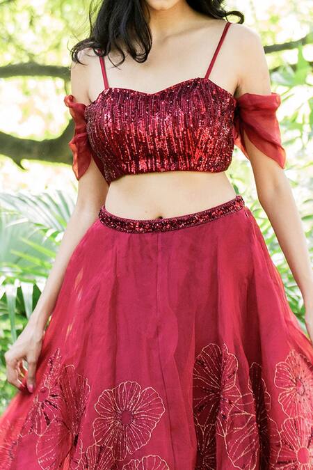 Buy Red Organza Embroidered Sequins Sweetheart Floral Skirt And