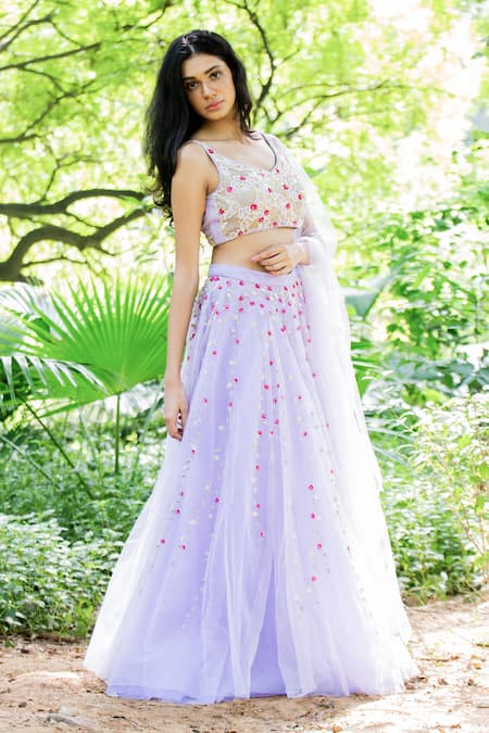 Salt And Spring_Purple Tulle Leaf And Floral Motifs V Neck Botanical Embroidered Lehenga Set _Online_at_Aza_Fashions