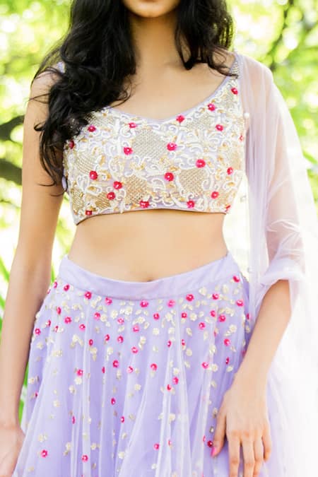 Shop_Salt And Spring_Purple Tulle Leaf And Floral Motifs V Neck Botanical Embroidered Lehenga Set _Online_at_Aza_Fashions