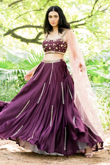 Buy_Salt And Spring_Purple Net, Chanderi Sweetheart Neck Embroidered Lehenga Set _Online_at_Aza_Fashions