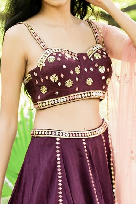 Salt And Spring_Purple Net, Chanderi Sweetheart Neck Embroidered Lehenga Set _at_Aza_Fashions