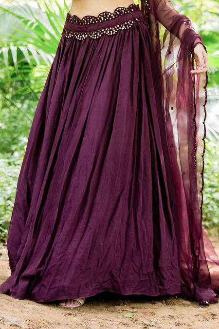 Salt And Spring Purple Organza, Habutai Silk Mirror Square Neck Embroidered Lehenga Set Online at Aza Fashions Salt And Spring_Purple Organza, Habutai Silk Mirror Square Neck Embroidered Lehenga Set _Online_at_Aza_Fashions