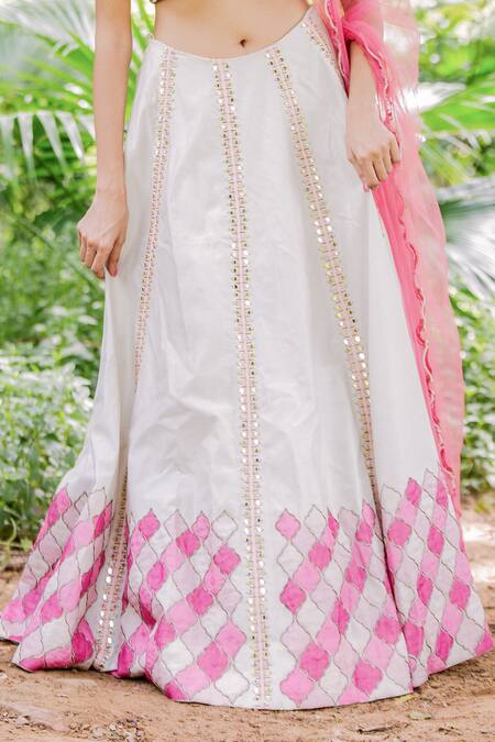 Shop_Salt And Spring_White Net, Chanderi Sequins V Neck Patchwork Lehenga Set _Online_at_Aza_Fashions