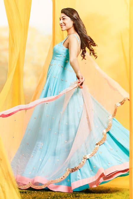 Buy_Salian By Anushree_Blue Cotton Voile Silk And Tafetta Silk Dupatta Organza Embroidery Anarkali With_Online_at_Aza_Fashions