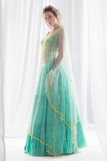 Salian By Anushree Blue Lehenga And Blouse Modal Satin Dupatta Net Embroidery V Neck Tiered Set  2