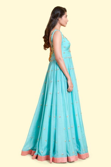 Salian By Anushree_Blue Cotton Voile Silk And Tafetta Silk Dupatta Organza Embroidery Anarkali With_Online_at_Aza_Fashions