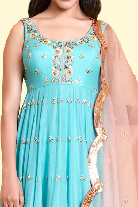 Shop_Salian By Anushree_Blue Cotton Voile Silk And Tafetta Silk Dupatta Organza Embroidery Anarkali With_Online_at_Aza_Fashions