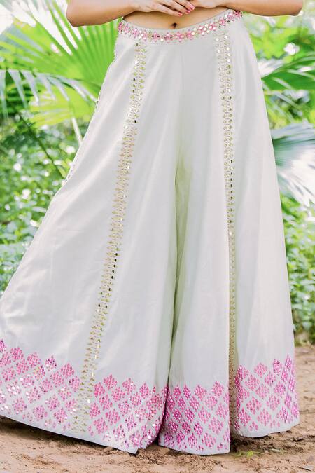Shop_Salt And Spring_Green Organza, Chanderi Mirror, Sequins V Neck Embroidered Sharara Set With Cape _Online_at_Aza_Fashions