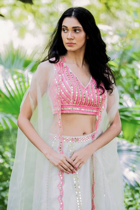 Salt And Spring_Green Organza, Chanderi Mirror, Sequins V Neck Embroidered Sharara Set With Cape _at_Aza_Fashions