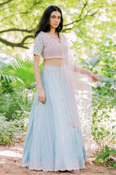 Salt And Spring_Green Net, Chanderi Mirror, Sequins V Neck Embroidered Lehenga Set _Online_at_Aza_Fashions