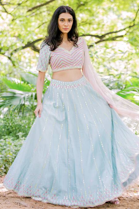 Buy_Salt And Spring_Green Net, Chanderi Mirror, Sequins V Neck Embroidered Lehenga Set _Online_at_Aza_Fashions
