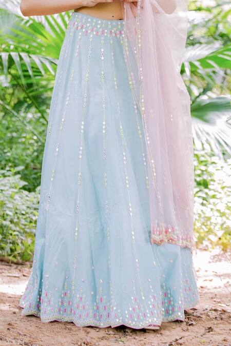 Shop_Salt And Spring_Green Net, Chanderi Mirror, Sequins V Neck Embroidered Lehenga Set _Online_at_Aza_Fashions