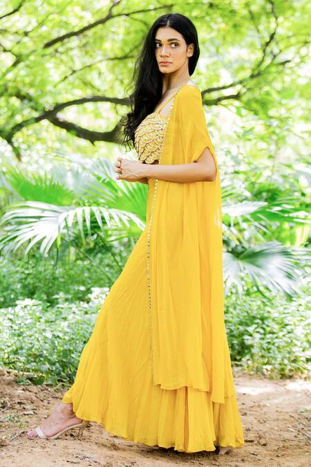 Salt And Spring_Yellow Georgette Mirror Square Neck Flared Sharara Set With Cape _Online_at_Aza_Fashions