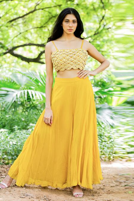 Buy_Salt And Spring_Yellow Georgette Mirror Square Neck Flared Sharara Set With Cape _Online_at_Aza_Fashions