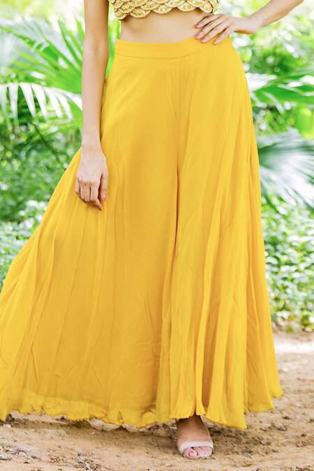 Shop_Salt And Spring_Yellow Georgette Mirror Square Neck Flared Sharara Set With Cape _Online_at_Aza_Fashions