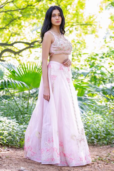 Salt And Spring Pink Organza Horse Motifs V Neck Embroidered Lehenga Set Online at Aza Fashions Salt And Spring_Pink Organza Horse Motifs V Neck Embroidered Lehenga Set _Online_at_Aza_Fashions