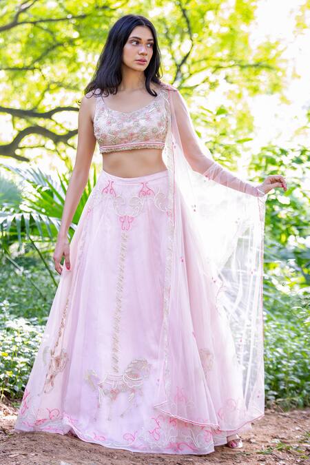 Buy Salt And Spring Pink Organza Horse Motifs V Neck Embroidered Lehenga Set Online at Aza Fashions Buy_Salt And Spring_Pink Organza Horse Motifs V Neck Embroidered Lehenga Set _Online_at_Aza_Fashions