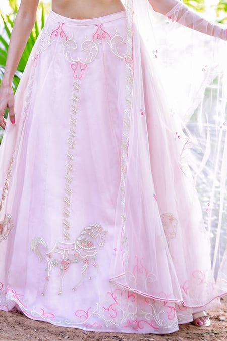 Shop Salt And Spring Pink Organza Horse Motifs V Neck Embroidered Lehenga Set Online at Aza Fashions Shop_Salt And Spring_Pink Organza Horse Motifs V Neck Embroidered Lehenga Set _Online_at_Aza_Fashions
