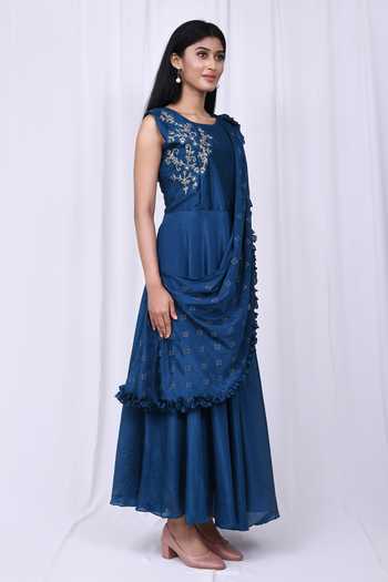 Aryavir Malhotra_Blue Chanderi Silk Floral Motifs U Neck Kurta With Attached Ruffle Dupatta _Online_at_Aza_Fashions