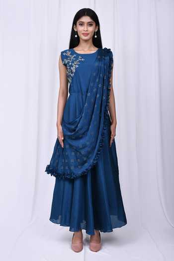 Buy_Aryavir Malhotra_Blue Chanderi Silk Floral Motifs U Neck Kurta With Attached Ruffle Dupatta _Online_at_Aza_Fashions