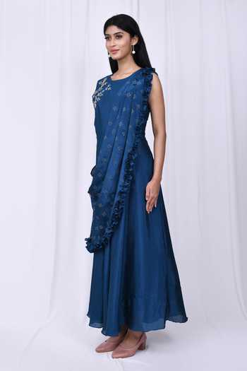 Shop_Aryavir Malhotra_Blue Chanderi Silk Floral Motifs U Neck Kurta With Attached Ruffle Dupatta _Online_at_Aza_Fashions
