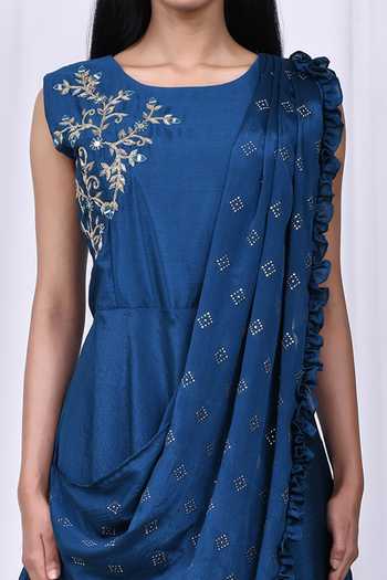 Aryavir Malhotra_Blue Chanderi Silk Floral Motifs U Neck Kurta With Attached Ruffle Dupatta _at_Aza_Fashions