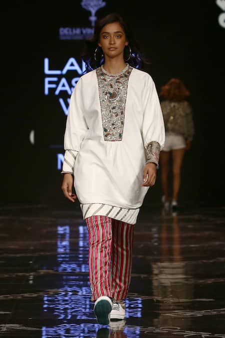 Delhi Vintage Company_White Cotton Embroidered Box Dress_Online_at_Aza_Fashions