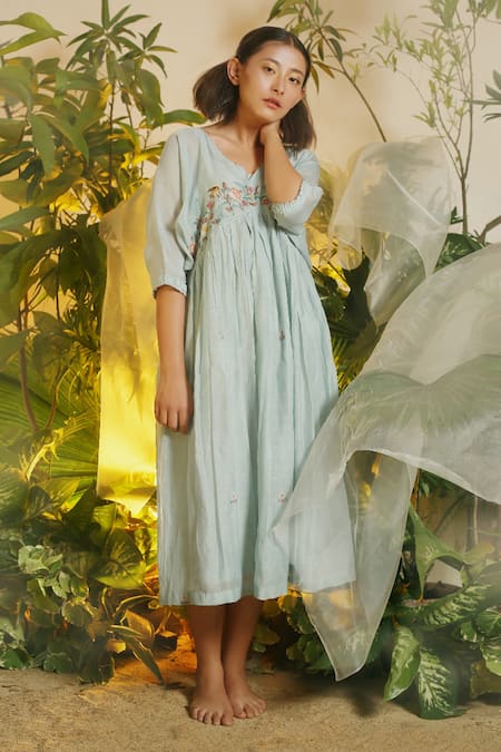 Shop Chokhi Chorri Blue Malai Chanderi Midi Dress at Aza Fashions Shop_Chokhi Chorri_Blue Malai Chanderi Midi Dress _at_Aza_Fashions