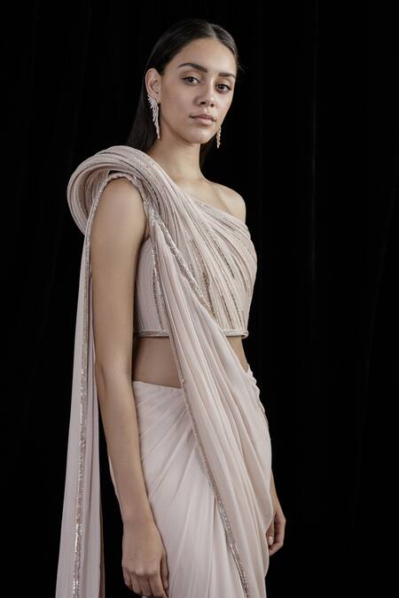 Gaurav Gupta_Pink Silk Georgette Pre-draped One Shoulder Saree Gown_Online_at_Aza_Fashions